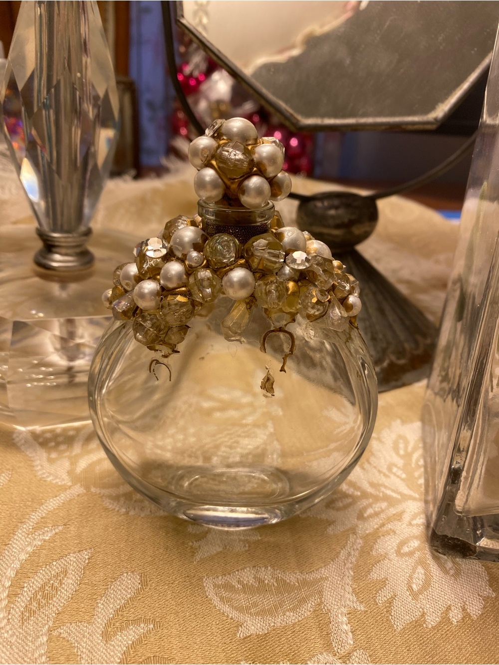 Vintage French Beaded Perfume Bottle with Pearl and Crystal Accents